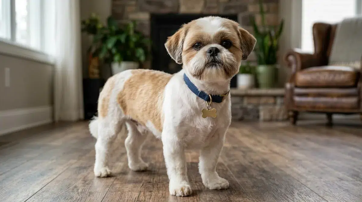 Male Shih Tzu with a squarer, shorter haircut