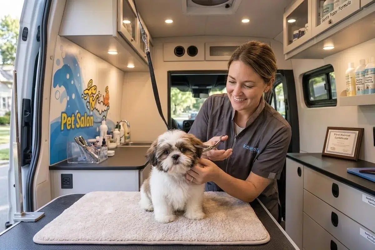 Shih Tzu puppy being groomed inside a Kontota mobile grooming van