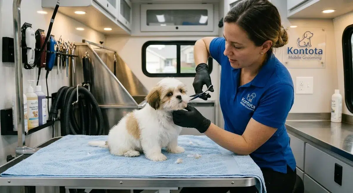 Groomer giving a Shih Tzu puppy its first haircut in a Kontota van