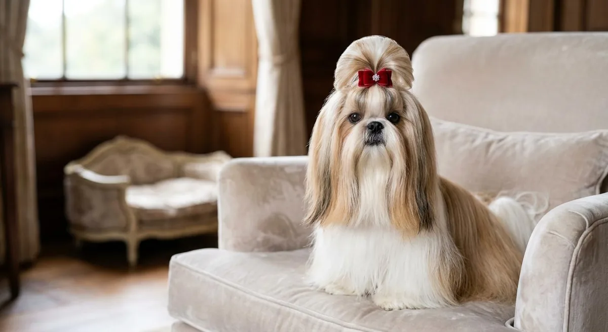 Shih Tzu with a long coat and top knot