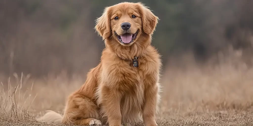 Happy Golden Retriever sits in tall grass with blurred forest background.