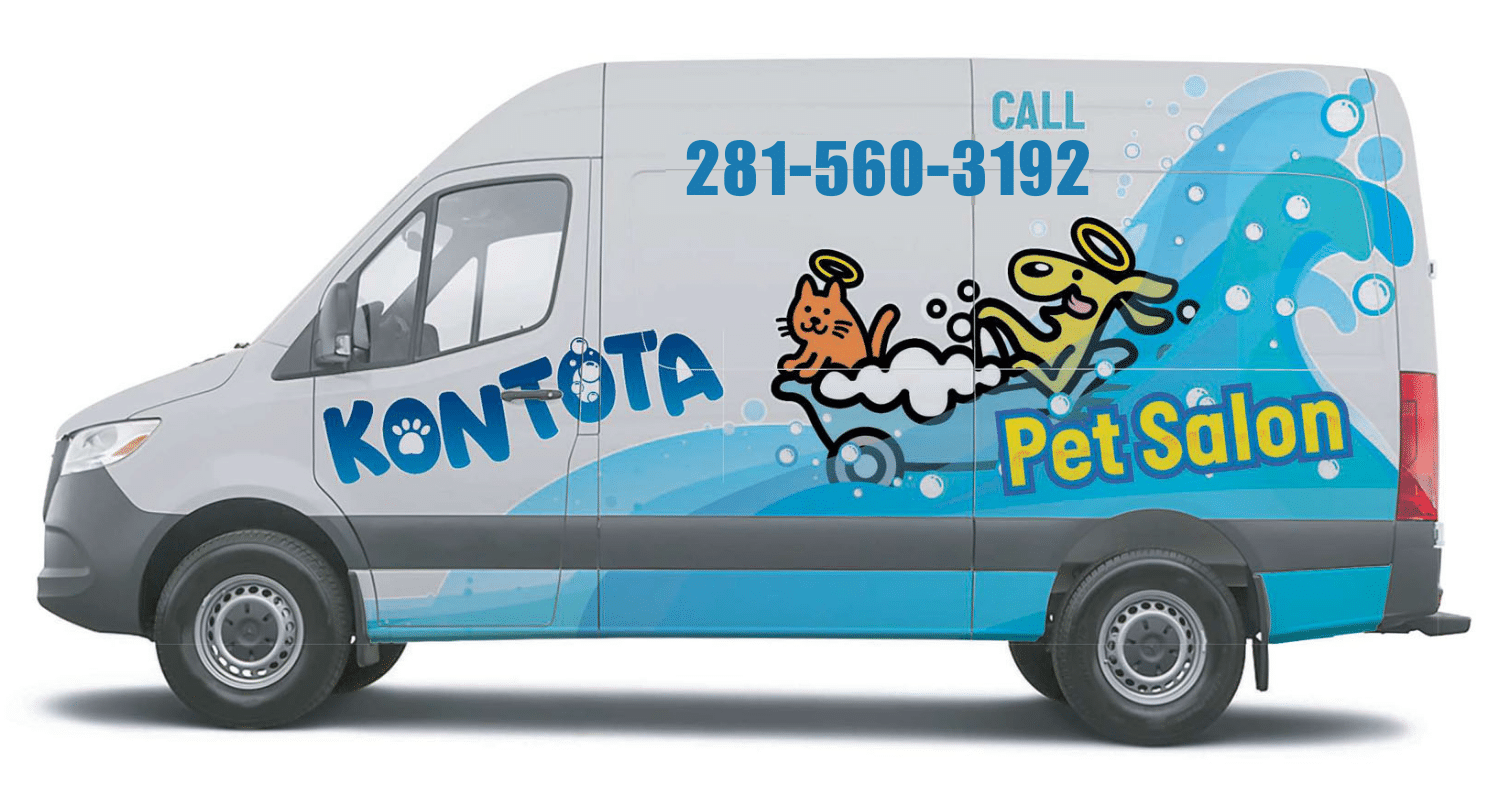 White KONTOTA Pet Salon van with playful cartoon animals and bubbles.