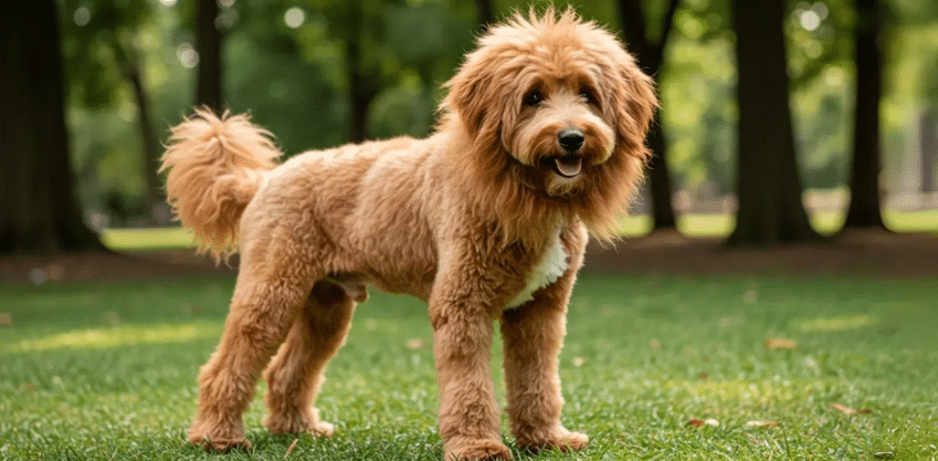 Goldendoodle standing on grass outdoors