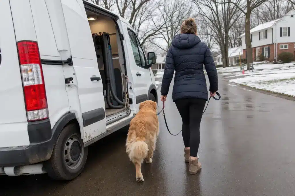 Kontota mobile grooming van parked outside a home as a dog is walked to the appointment