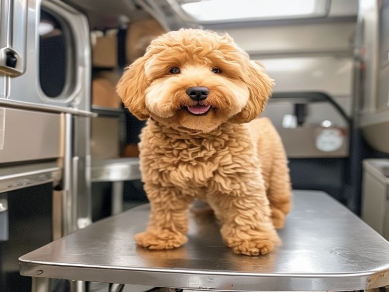 Apricot goldendoodle after a teddy trim by a Kontota groomer