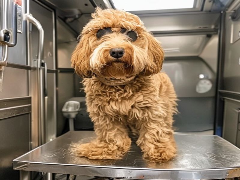 Apricot goldendoodle before grooming with an overgrown, matted coat