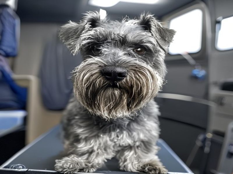 Miniature schnauzer before grooming, overgrown coat and beard