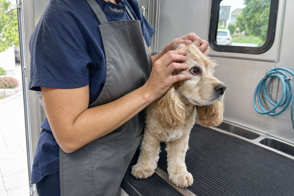 A groomer lifting the hair above a dog's eye with fingertips so the whole eye is visible.
