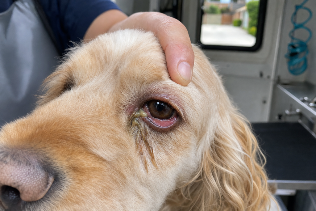 Close-up of a dog's eye with a red swollen lid and yellow-green discharge crusted in the fur below the inner corner.