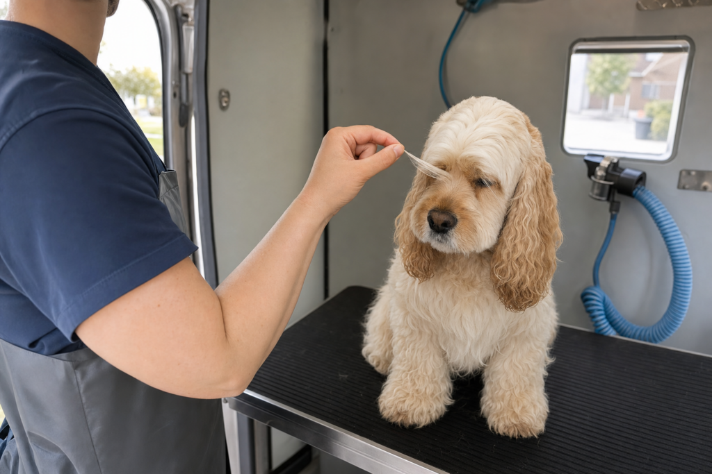 A groomer holding a long strand of face hair away from a dog's eye between finger and thumb.
