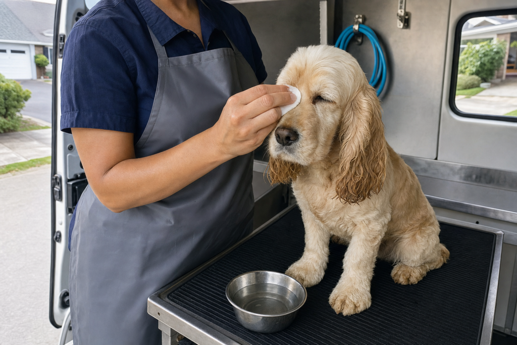 A groomer wiping outward from the inner corner of a dog's closed eye with a damp cotton pad.