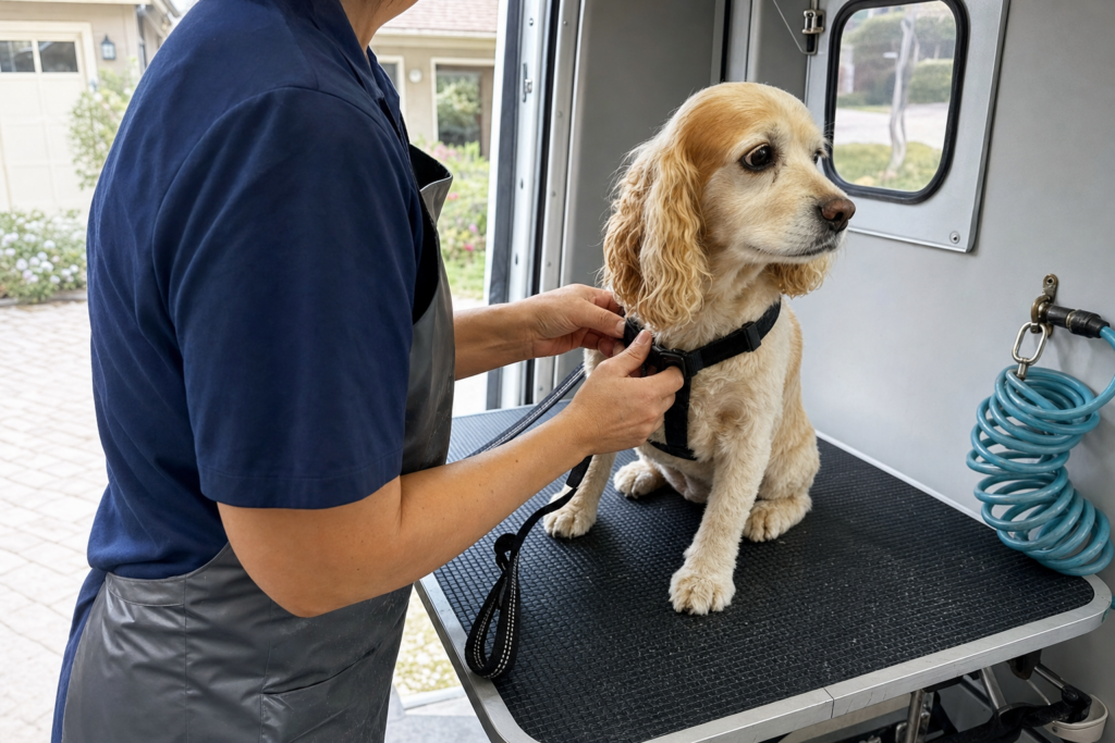 A groomer clipping a harness onto a dog and lifting a leash off the grooming table.
