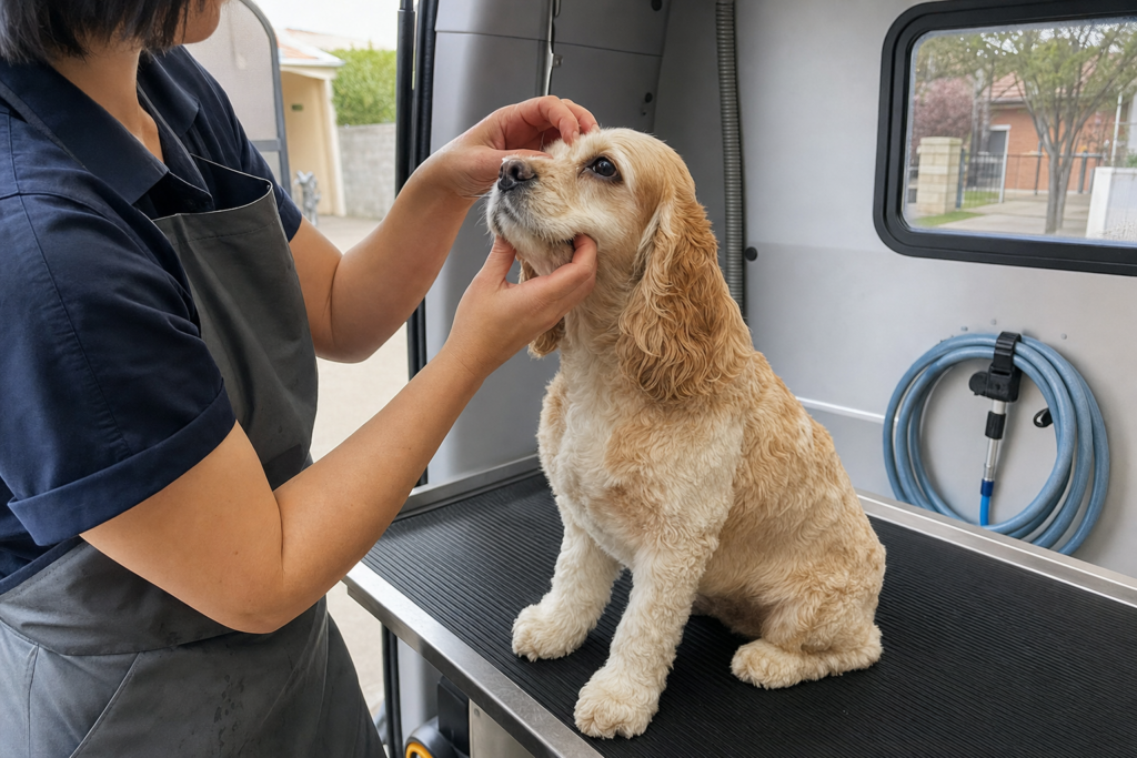 A groomer holding a dog's chin steady with one hand while parting the fur to check around both eyes.