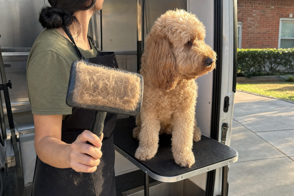 A slicker brush held up beside a dog, packed thick with loose apricot curls pulled out of the coat.