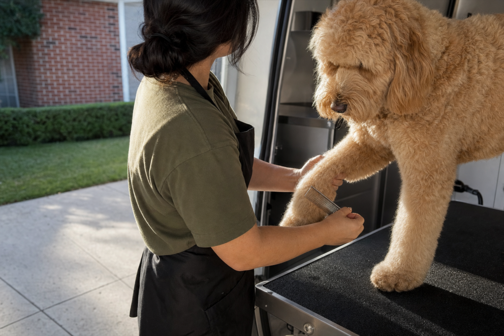 A groomer lifting a dog's front leg and drawing a steel comb down through the coat behind the elbow.