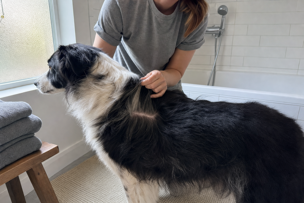 A person fanning a dog's coat open at the shoulder so the skin underneath and the length of the coat are both visible.