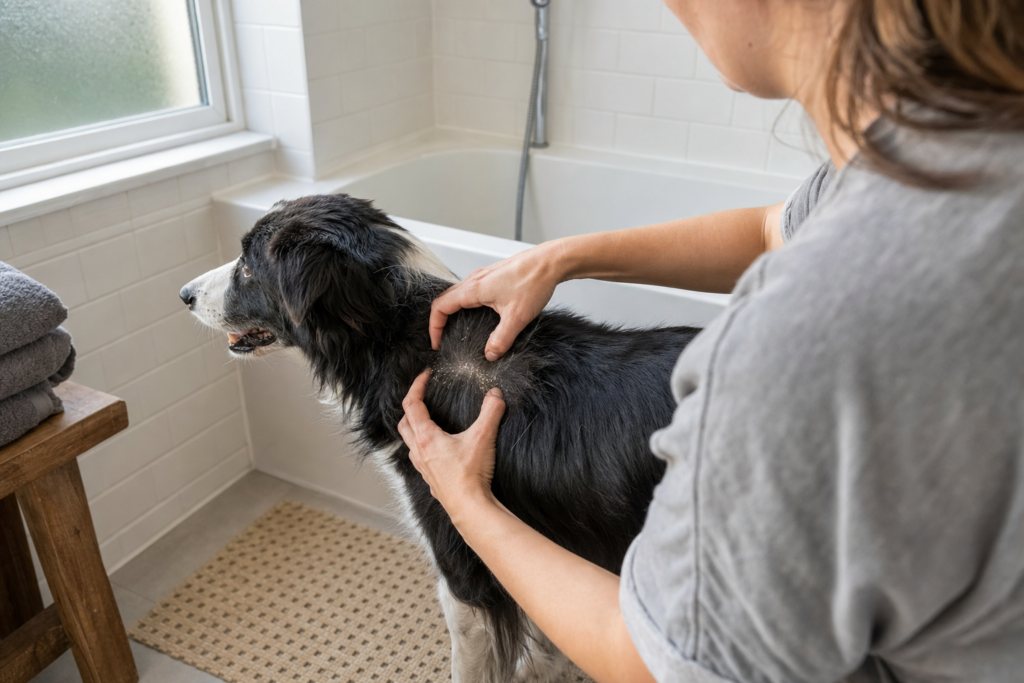 A person parting a dog's coat along the back with both thumbs to show dry flaking skin at the roots.