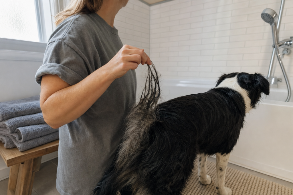A person pressing fingers into the coat at the base of a dog's tail, lifting greasy clumped fur into strands.