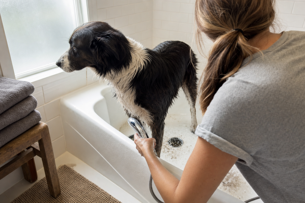 A person rinsing sand off a dog's lower legs and belly with a hand-held shower head.