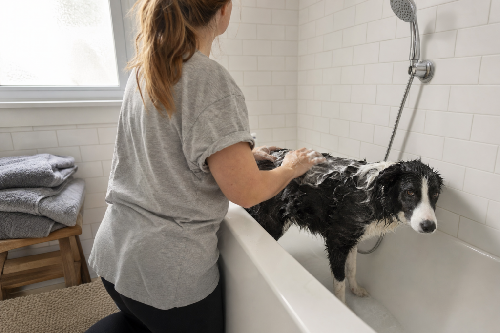 A person working shampoo lather into the coat along a dog's back with both hands.