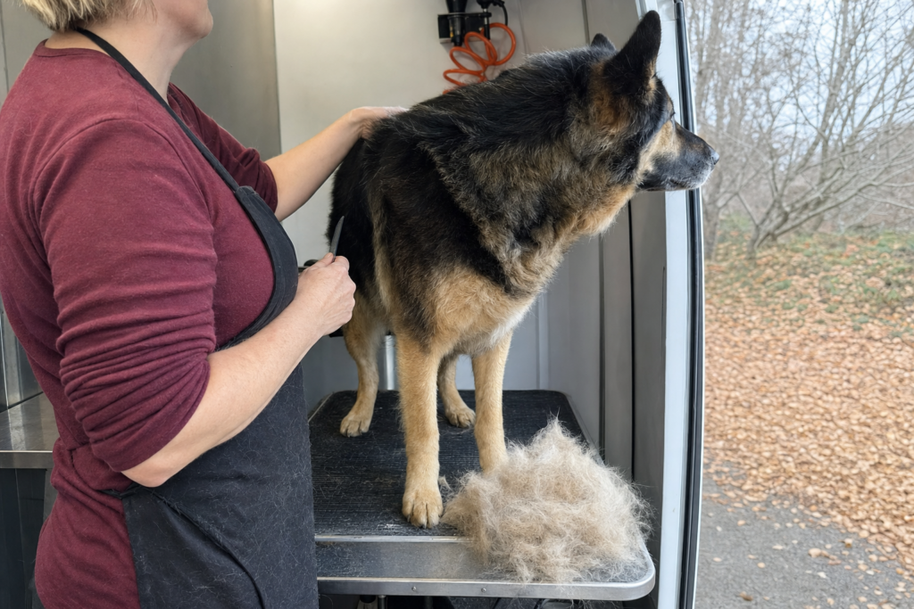 A thick pile of loose pale undercoat heaped on a black rubber grooming mat beside a dog's feet.