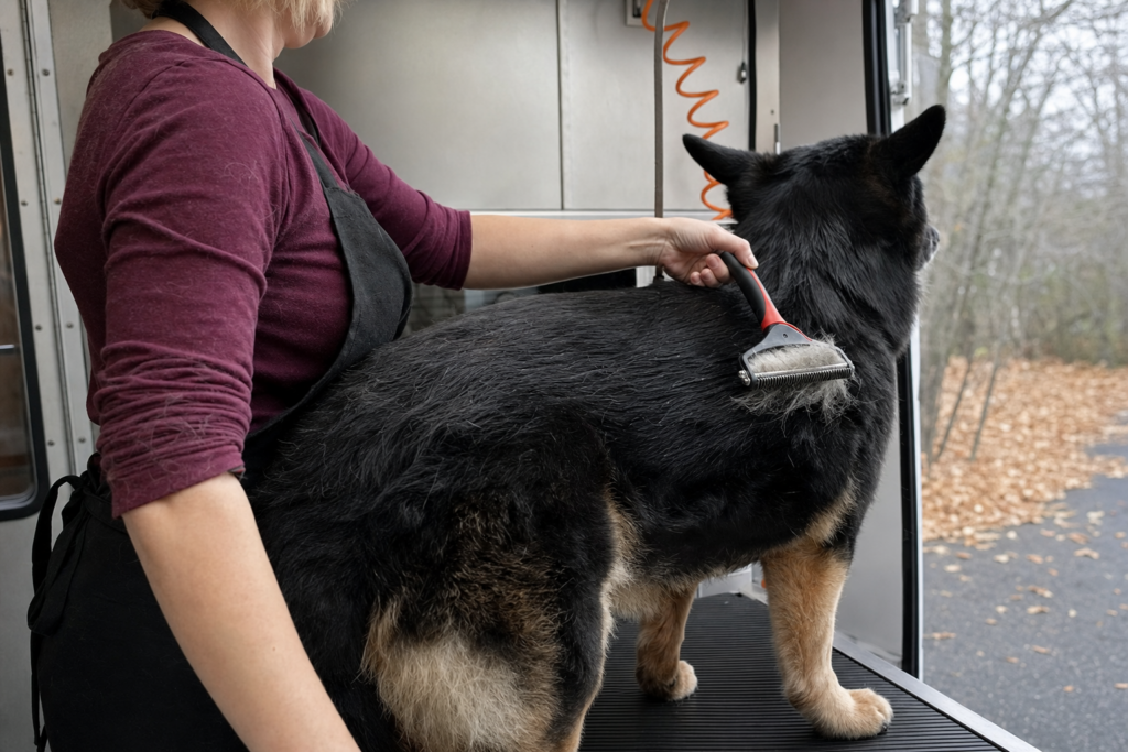 An undercoat rake drawn down a dog's back, the coat lifting behind the teeth as loose hair gathers in the tool.