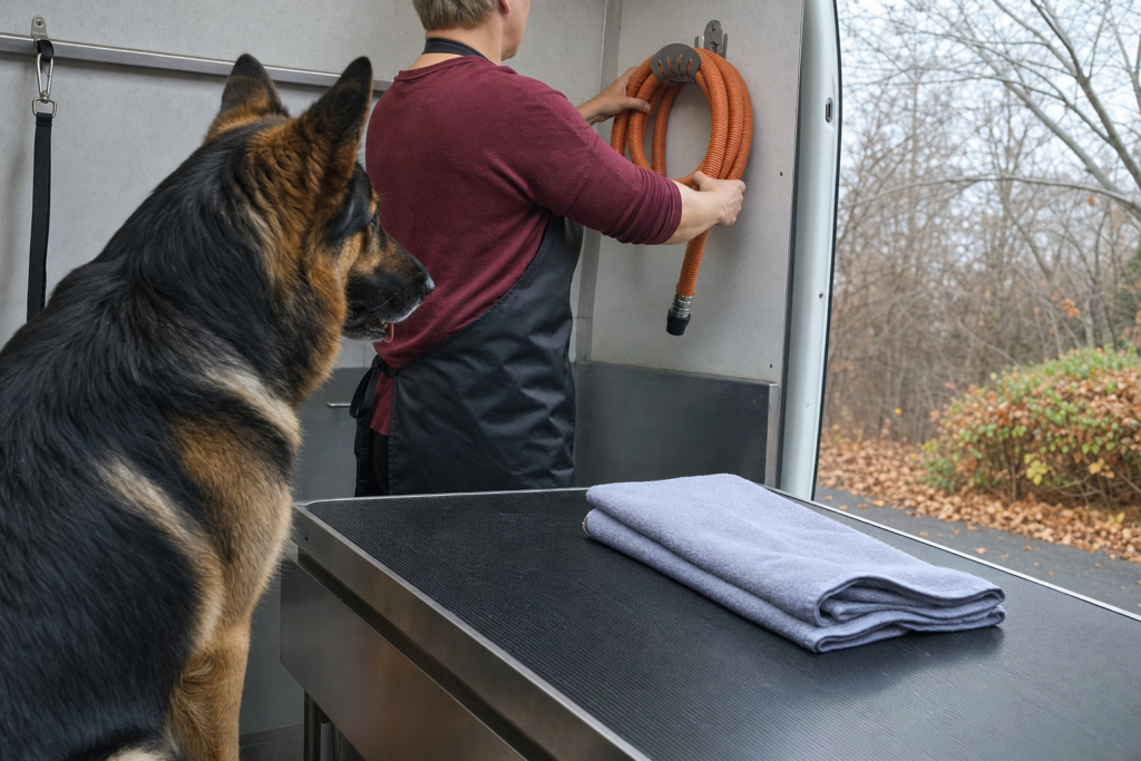 A groomer coiling an orange air hose onto its wall hook and folding a clean towel onto an empty grooming table.