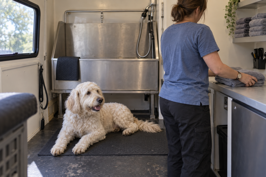Groomer preparing a towel beside a calm dog before an appointment