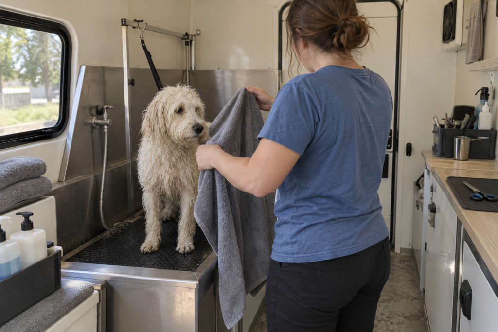 Groomer holding a clean towel beside the van wash tub and dog