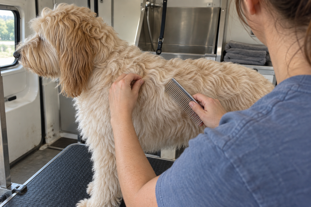 Groomer gently checking a small section of the dog&rsquo;s wavy coat with a comb