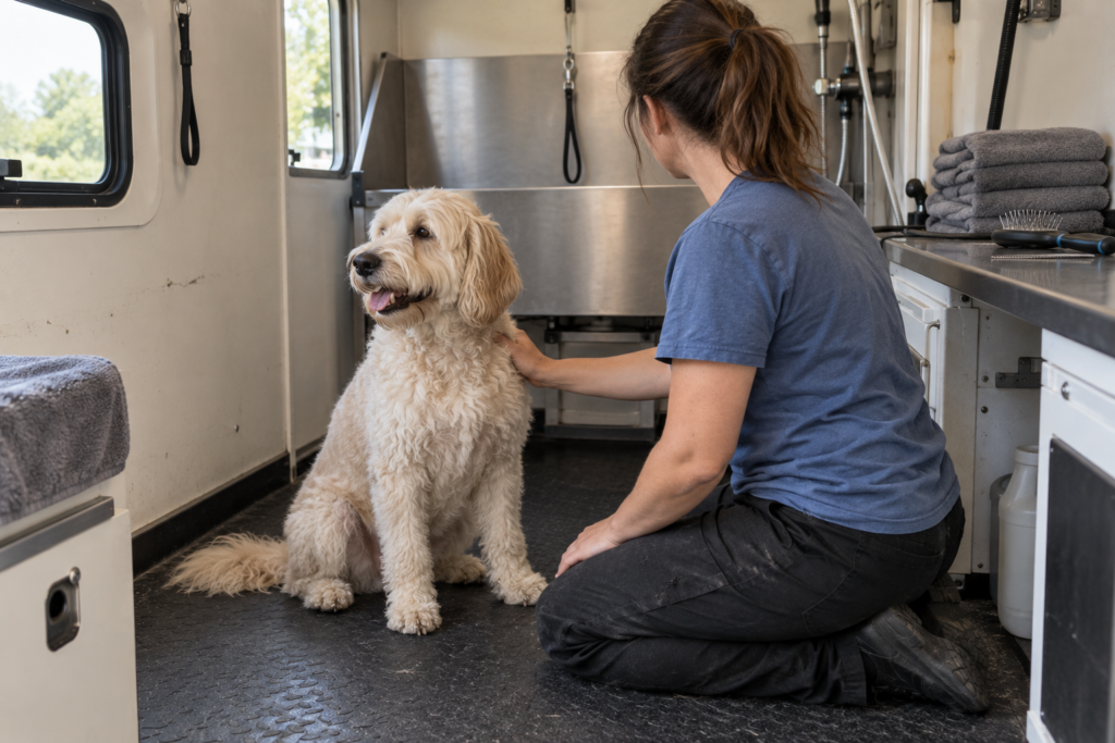Groomer pausing beside the dog on a nonslip mat with tools set aside
