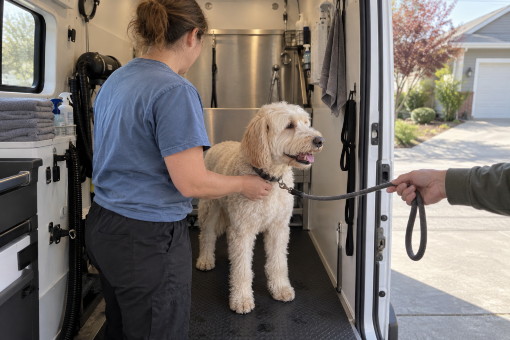 Owner&rsquo;s hand holding a loose leash while groomer stands calmly beside dog in the van doorway