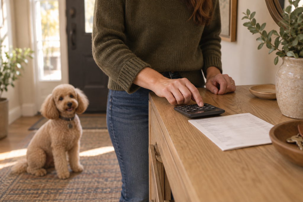 Owner calculating an optional grooming tip at home
