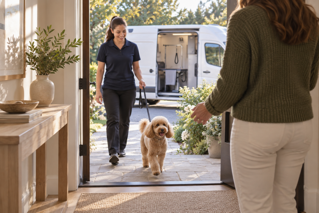 A mobile groomer returning a dog to its owner