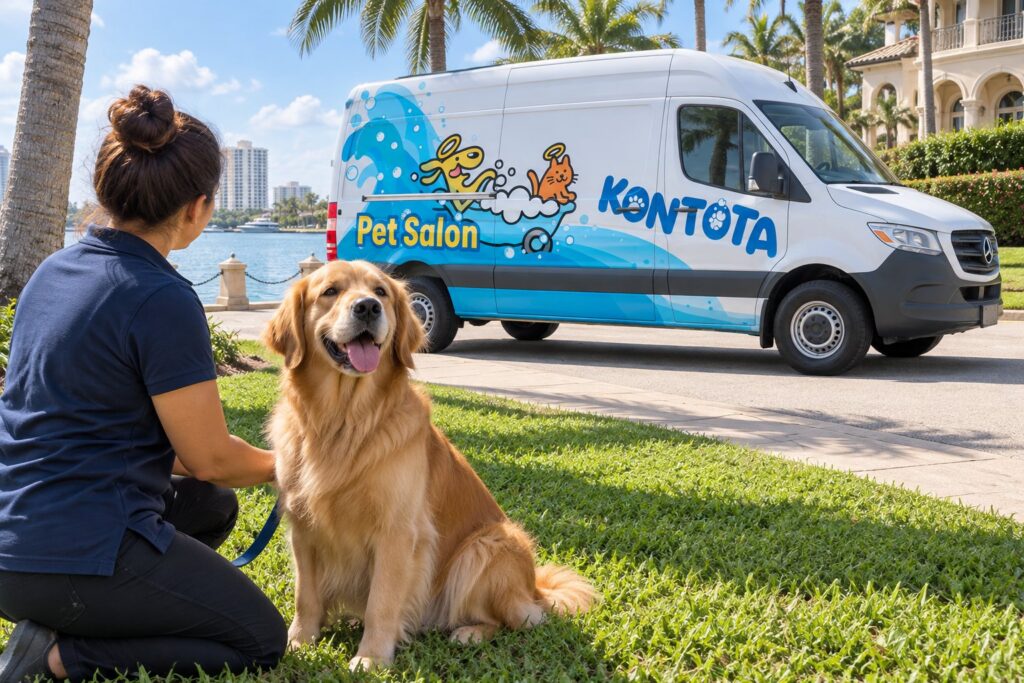 Kontota groomer with a golden retriever beside the Kontota van in West Palm Beach