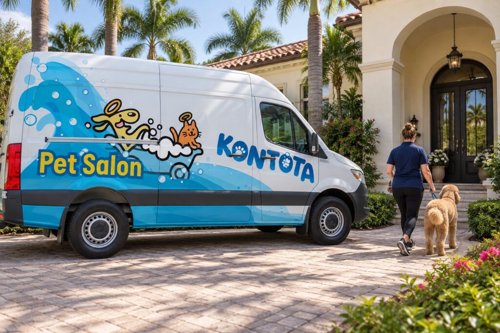 Kontota mobile dog grooming van parked outside a West Palm Beach home