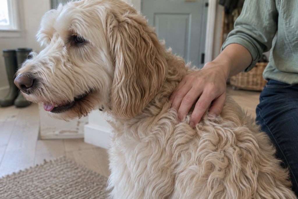 An owner gently checking the loose waves in a cream Labradoodle&rsquo;s shoulder coat
