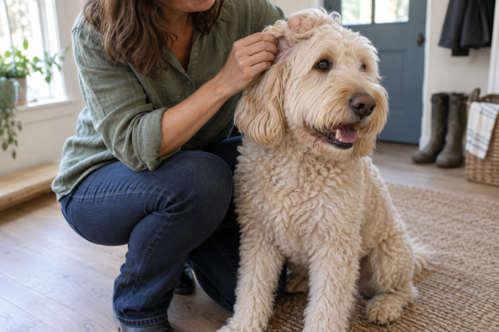 An owner gently looking at the coat behind a Labradoodle&rsquo;s floppy ear