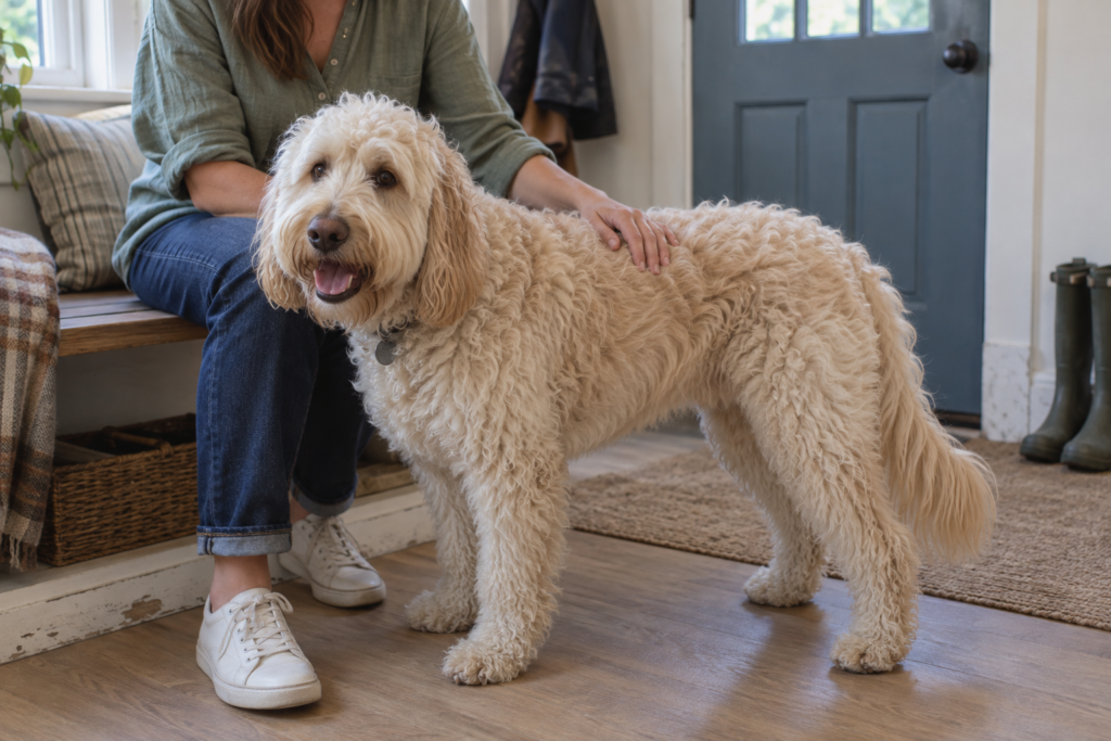 A cream Labradoodle standing side-on to show its natural coat outline