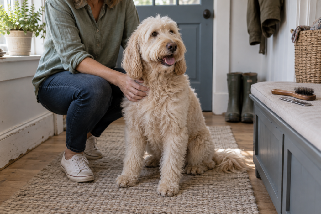 A relaxed Labradoodle beside its owner with a brush and comb on a nearby bench