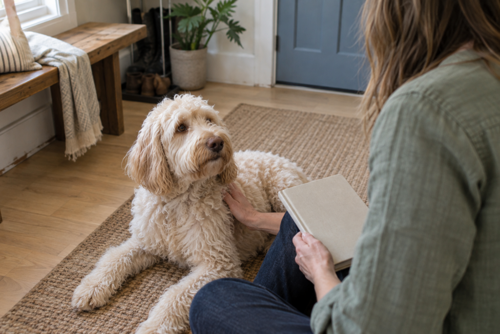 An owner sitting beside a Labradoodle with a plain notebook for recording coat preferences