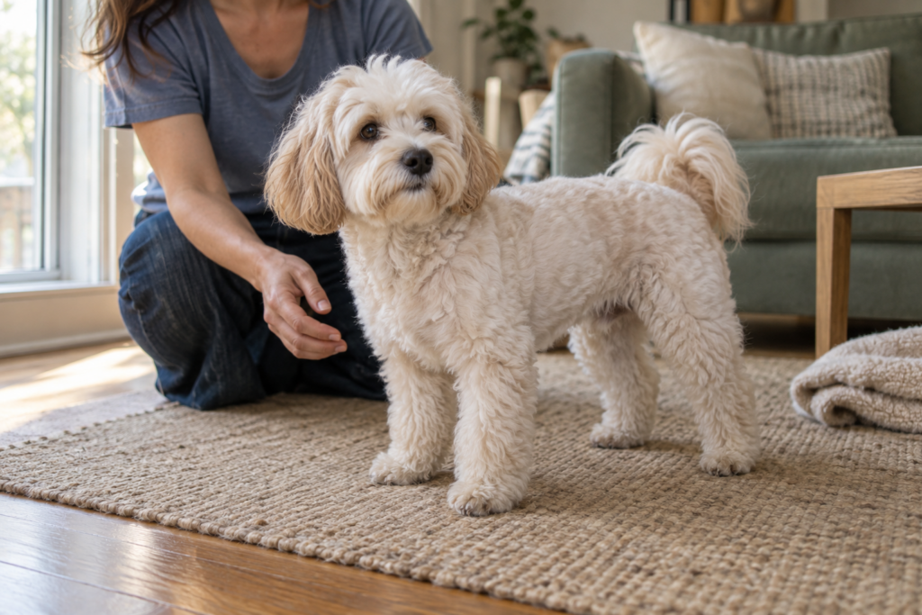 Cream Maltipoo with a tidy body coat and a softly rounded head beside its owner