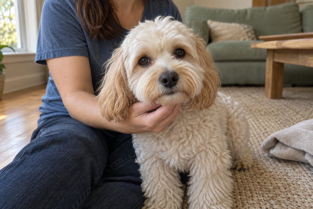 Close view of a Maltipoo&rsquo;s rounded muzzle and floppy apricot ears