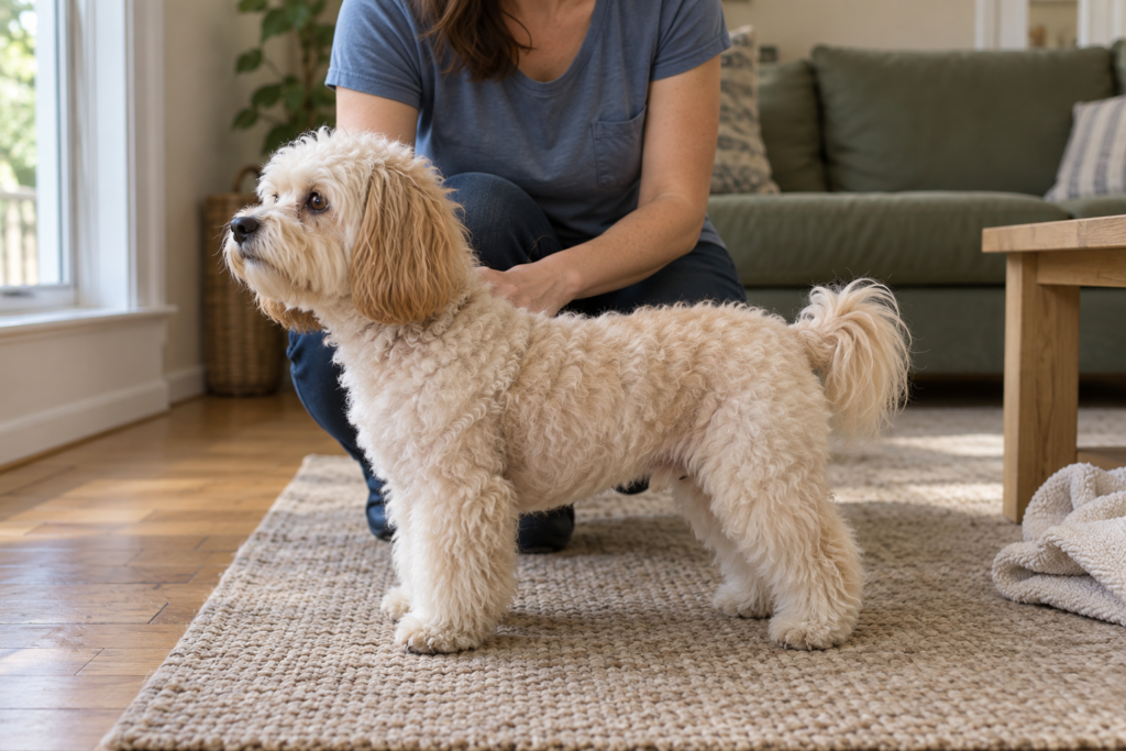 Side view showing a Maltipoo&rsquo;s shorter torso and fuller rounded legs