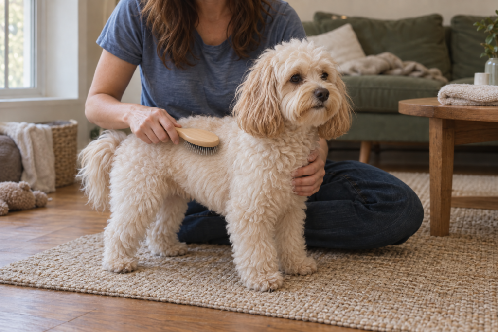 Owner gently brushing a Maltipoo&rsquo;s coat on a living-room rug