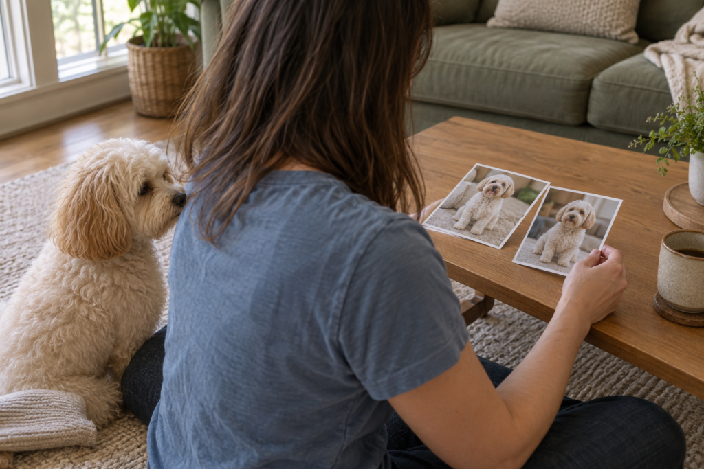 Owner comparing two haircut photographs beside a cream Maltipoo