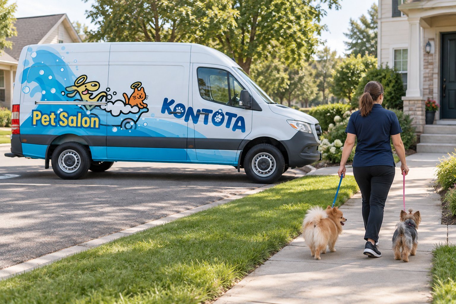 Kontota groomer walking two small dogs past the mobile grooming van