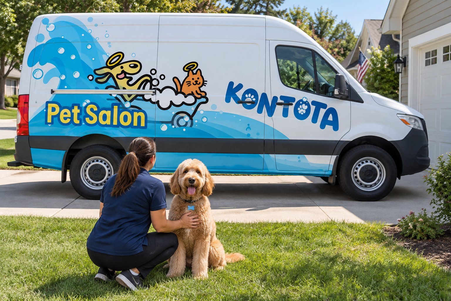 Kontota groomer with a goldendoodle beside the mobile grooming van