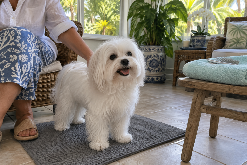 Illustration of a clean long-haired dog relaxing beside grooming towels at home