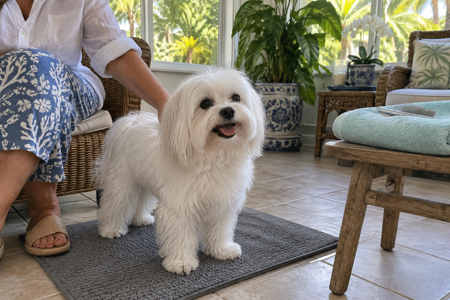 Illustration of a clean long-haired dog relaxing beside grooming towels at home